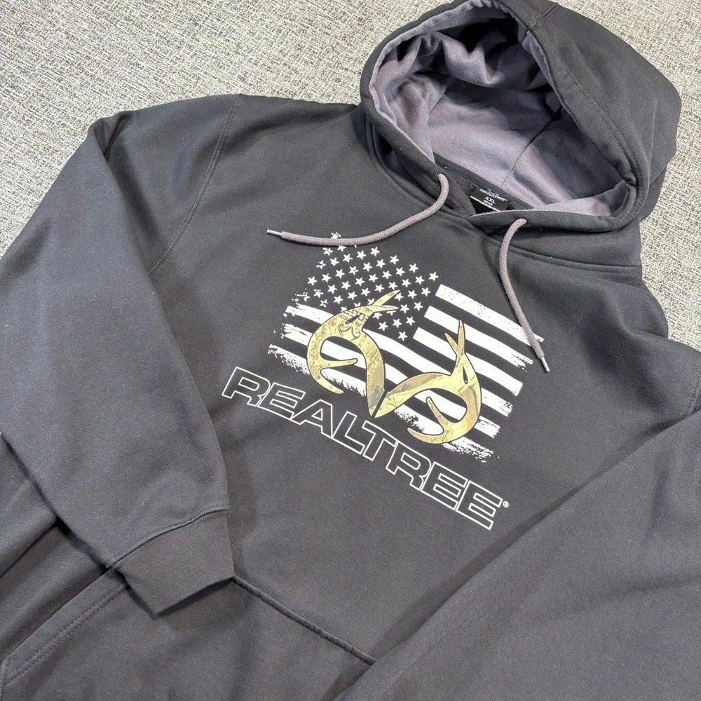 Realtree Hoodie Mens XXL Black American Flag Camo Logo Pullover Sweatshirt